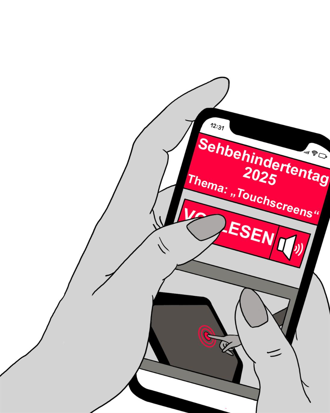 Es wird eine Hand abgebildet, welche ein Smartphone hält. Auf dem Bildschirm steht in weißer Schrift auf rotem Hintergrund: 'Sehbehindertentag 2025' mit dem Thema 'Touchscreens. Darunter ein roter Button auf grauem Hintergrund mit der Aufschrift 'VORLESEN' in weißer Schrift und einem Lautsprechersymbol. Dieser wird halb vom Daumen der Hand verdeckt, welcher den Button drückt. Am unteren Rand des Smartphone Bildschirms steht 'Mehr in der Caption in roter Schrift auf weißem Hintergrund'. Auf der linken Seite der Grafik wird folgender Text angezeigt: 'Hochschule Düsseldorf University of Applied Sciences HSD  - Arbeitsstelle Barrierefreies Studium und Antidiskriminierungsbeauftragte'."